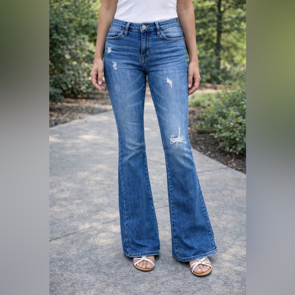 Stylish Distressed Blue Flare Jeans